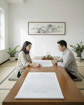 A man and a woman sit across from each other at a wooden table in a bright, modern room, looking at a bazi reading. A framed landscape painting hangs on the wall behind them, and small potted plants sit on either side of the table.